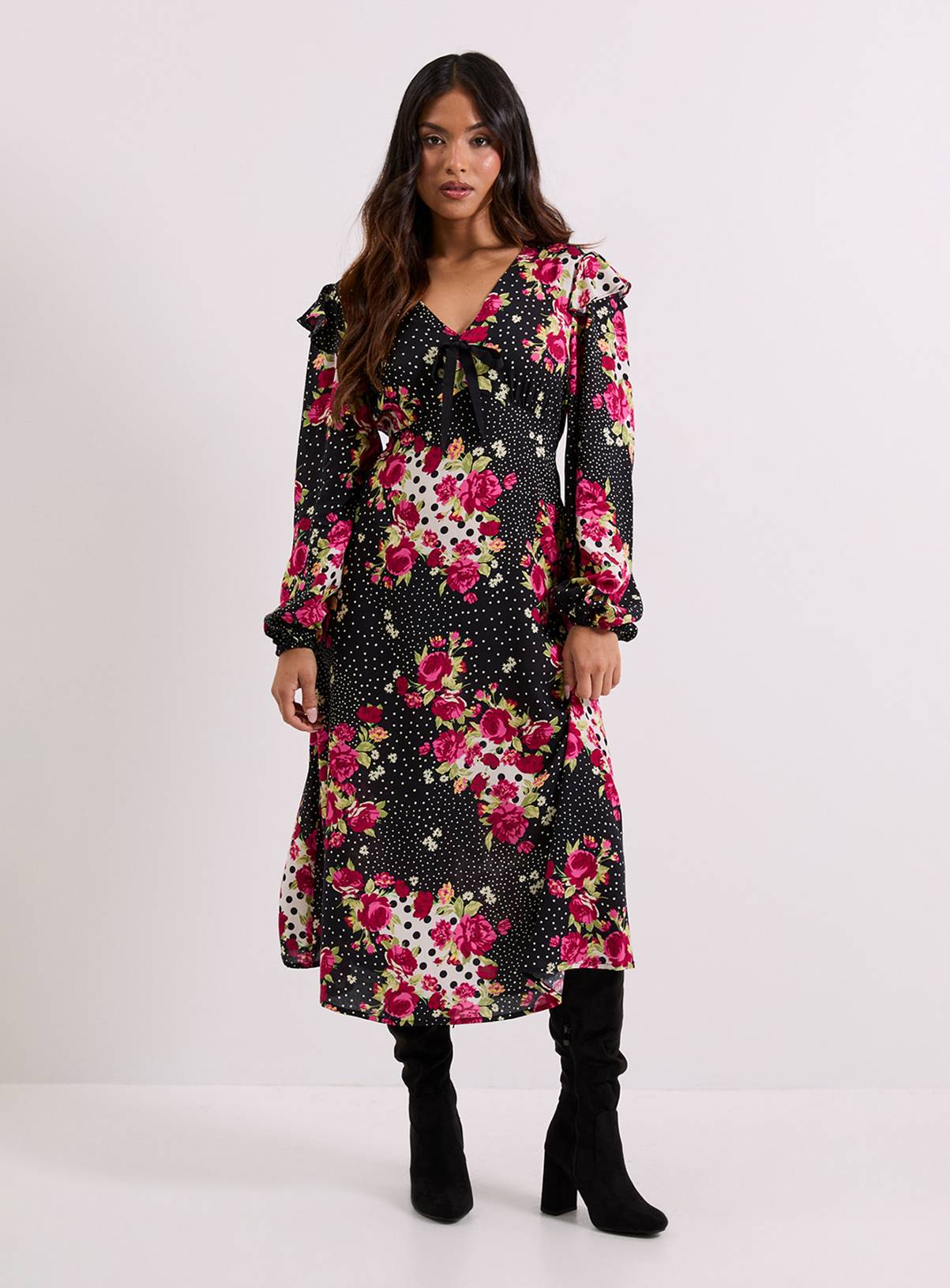 DOROTHY PERKINS Petite Patchwork Floral Contrast Bow Detail Frill Printed Midaxi Dress 6 - Image 1